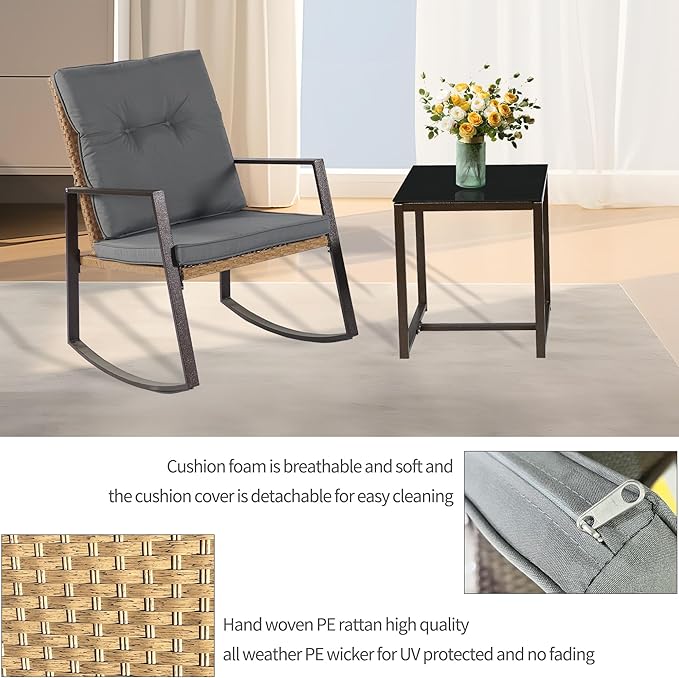 3 Pieces Rocking Chairs Set Balcony Furniture Conversation Sets with Outdoor Table and Chairs,Washable Cushion for Porch,balcony,Garden,Backyard,Poolside Grey