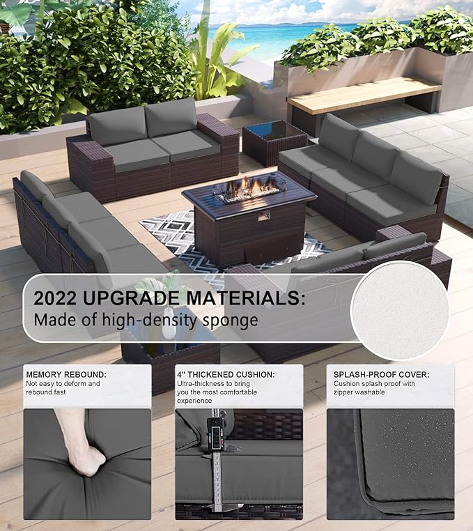 Kullavik 13 Pieces Outdoor Patio Furniture Set with 43" 55000BTU Gas Propane Fire Pit Table PE Wicker Rattan Sectional Sofa Patio Conversation Sets,Grey