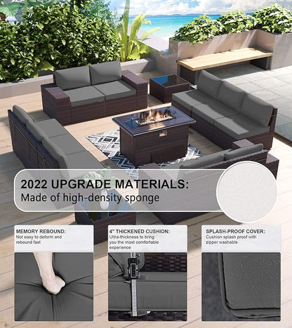 Kullavik 13 Pieces Outdoor Patio Furniture Set with 43" 55000BTU Gas Propane Fire Pit Table PE Wicker Rattan Sectional Sofa Patio Conversation Sets,Grey