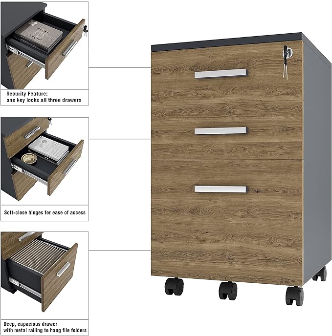 Lazio File Cabinet with Lock - Filing Cabinet for Home and Office - 3 Drawer Small Rolling File Cabinet -Wood Printer Stand with Storage for A4 Size/Legal Documents, File Folders (Cass Walnut/Black)