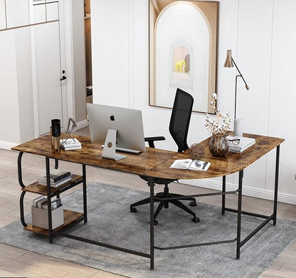 Anivia 68.9" Reversible L Shaped Desk with Storage Shelves - Corner Computer Desks Gaming Table Workstation for Home Office, Writing, Study, Caramel Brown