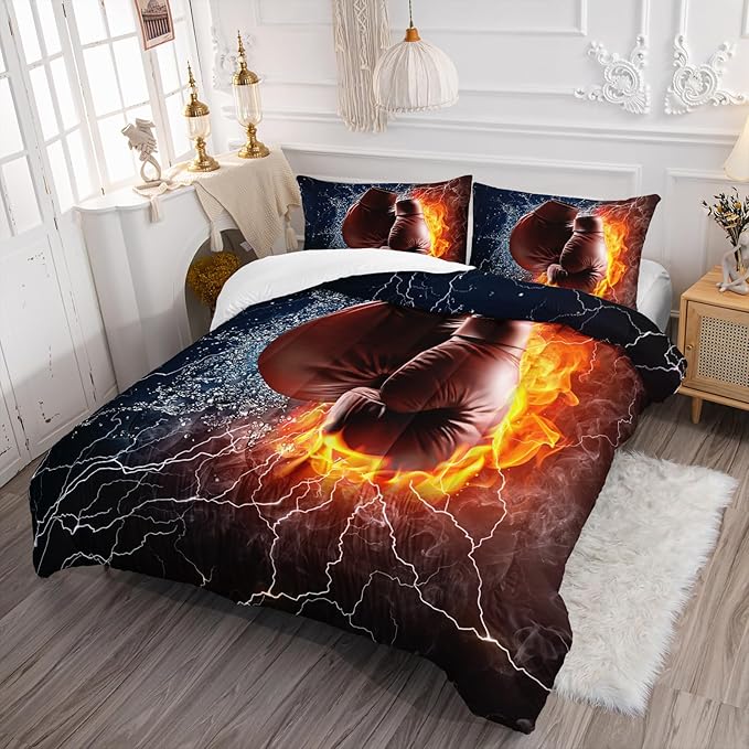 Axolotl Boxing Bedding Set Twin,Sports Theme Comforter Set Boxing Gloves Pattern Bedding Set,Red Blue Cool Lightning Comforter Pugilism Games Bedding Set for Kids Boys Teens Men,1 Quilt 2 Pillowcases
