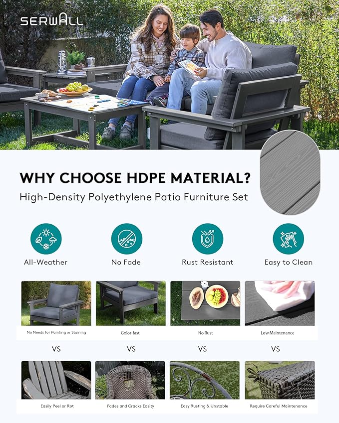 SERWALL HDPE Patio Coversation Set, 7-piece Outdoor Sectional Sofa Set, All Weather Patio Couch Set Patio Furniture for Balcony, Deck, Grey Frame with Grey Cushion