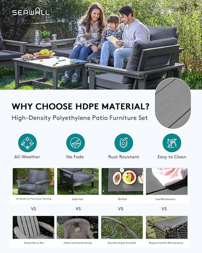 SERWALL HDPE Patio Coversation Set, 7-piece Outdoor Sectional Sofa Set, All Weather Patio Couch Set Patio Furniture for Balcony, Deck, Grey Frame with Grey Cushion