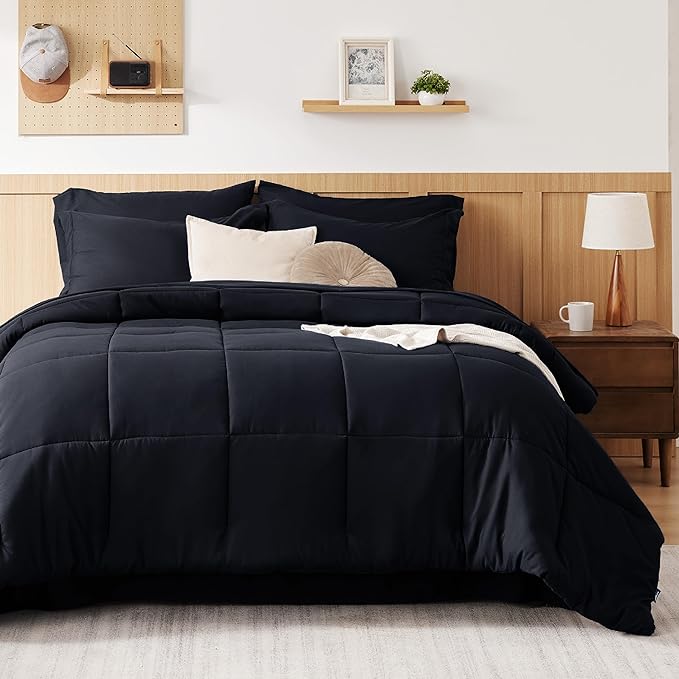 Bedsure Black Twin XL Comforter Set for Boys- 5 Pieces Solid Twin XL Bed in a Bag, Twin XL Bed Set Black with Comforters, Sheets, Pillowcase & Sham, Extra Long Twin Comforter Set