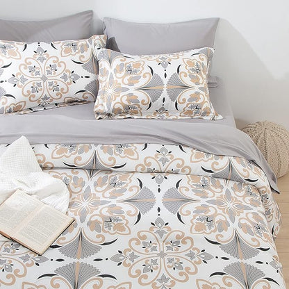EMME Queen Comforter Set - Grey White Floral Bedding Set 7 PCS with Geometric Flowers Pattern, Soft Plant Printed Botanical Bed Set with Sheets, Fluffy Bed Bag for All Season(90"X90")