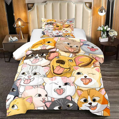 Dog Twin Comforter Set for Boys Bedroom - Dogs Cats Animal Theme Bedding Set for Living Playing Room Ultra Soft Puppy Dogs Kitten Quilt with 1 Pillowcase Kids Room Decor 2Pcs, Twin Size