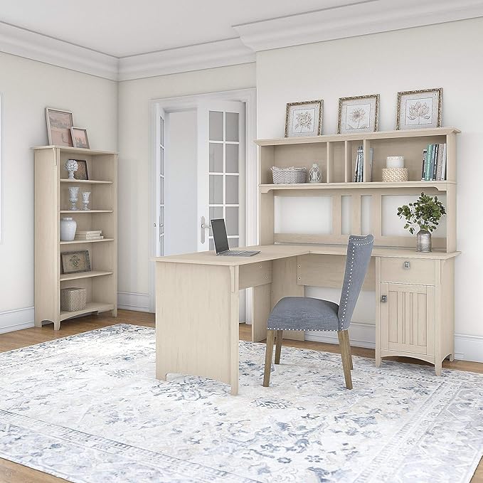 Bush Furniture Salinas 60W L Shaped Desk with Hutch and 5 Shelf Bookcase in Antique White