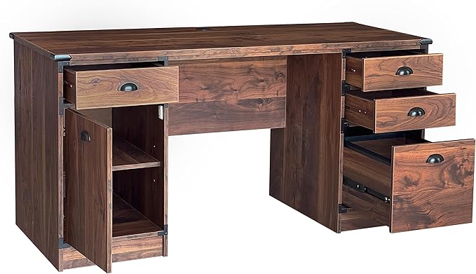 Modern Executive Desk, 59" Vintage Farmhouse Study Writing Desk with Storage Drawers, Industrial Wood Computer Manager's Desk with Knee Space for Home Office, Walnut