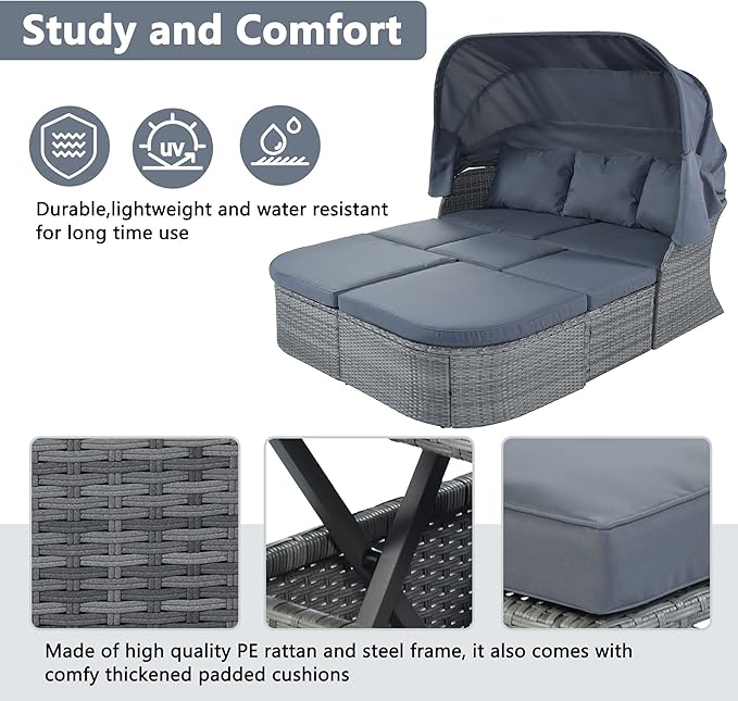 Rectangle Furniture Daybed Sunbed with Retractable Canopy, Outdoor Wicker Conversation Set with Cushions for Patio, Backyard, Porch, Garden, Hc-Gray