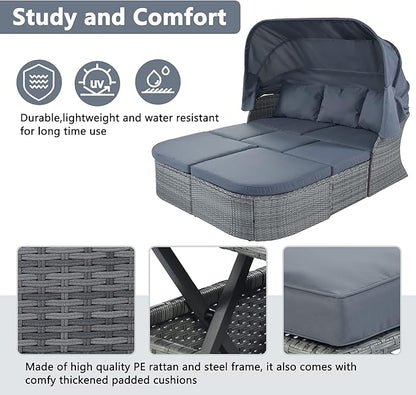 Rectangle Furniture Daybed Sunbed with Retractable Canopy, Outdoor Wicker Conversation Set with Cushions for Patio, Backyard, Porch, Garden, Hc-Gray