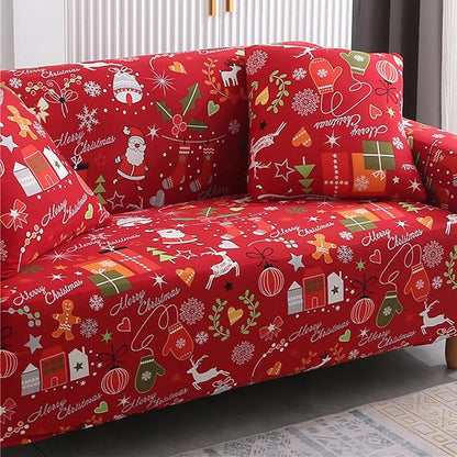 Mybedsoul Christmas Printed Sofa Cover Santa Claus Elastic Couch Cover Machine Washable Christmas Theme Red Sofa Slipcover for Living Room(2 Seater/Loveseat)