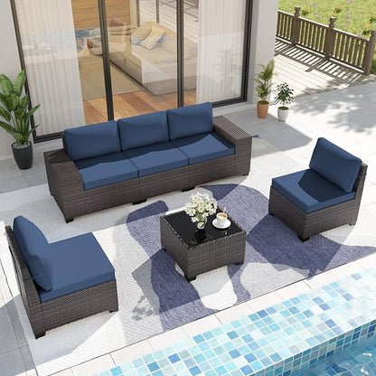 Patio Furniture Set Sofa 6pcs Wicker Sectional Sofa Set, Outdoor Furniture Rattan Patio Conversation Set with Thickened Cushions and Glass Coffee Table, Dark Blue