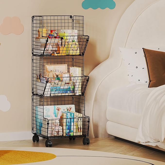 3 Tier Metal Wire Baskets - Toy Organizer Basket Shelf with Wheel, S-Hooks, Rolling Cart Hanging Storage Baskets for Child Room, Playroom, Bedroom, Kitchen (Black)