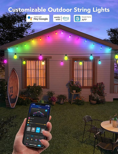 Govee Smart Outdoor String Lights H7021, RGBIC Warm White 96ft (2 Ropes of 48ft) LED Bulbs for Halloween Decorations, Christmas, WiFi Patio Lights Work with Alexa, Google, APP Control, IP65 Waterproof
