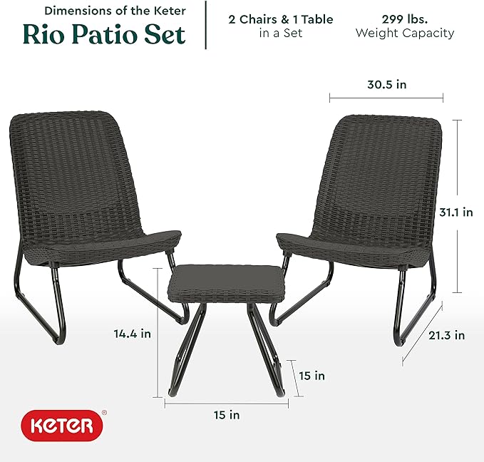 Keter Rio 3 Piece Resin Wicker Patio Furniture Set with Side Table and Outdoor Chairs, Dark Grey
