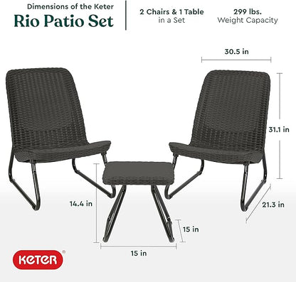 Keter Rio 3 Piece Resin Wicker Patio Furniture Set with Side Table and Outdoor Chairs, Dark Grey