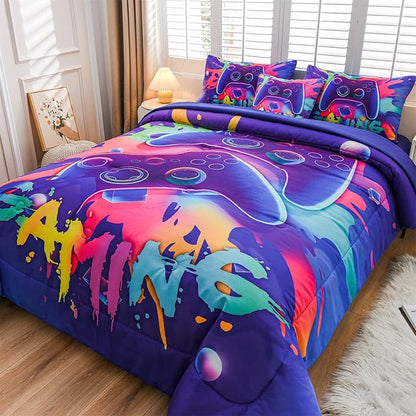 Aimuan Gamer Gaming Bedding Sets 3D Gamepad Comforter Sets for Boys Games Console Action Buttons Novelty Colorful Game Controller Modern Room Decor Home Quilt Set (Purple, Full 6PCS)