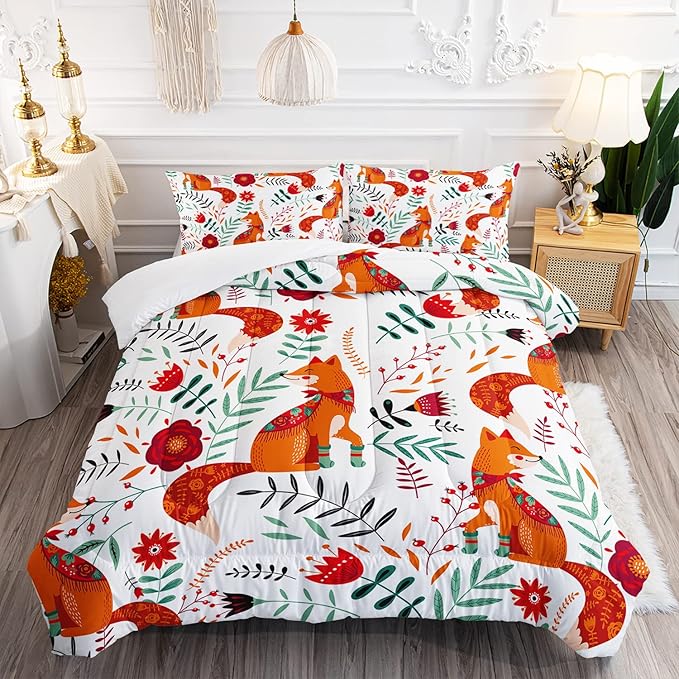 Cartoon Fox Comforter Set 3-Pieces Cute Fox Bedding Set Plants Leaves Printed Quilt Set for Kids Boys Girls with 2 Pillowcases Twin