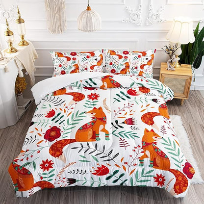 Cartoon Fox Comforter Set 3-Pieces Cute Fox Bedding Set Plants Leaves Printed Quilt Set for Kids Boys Girls with 2 Pillowcases Twin