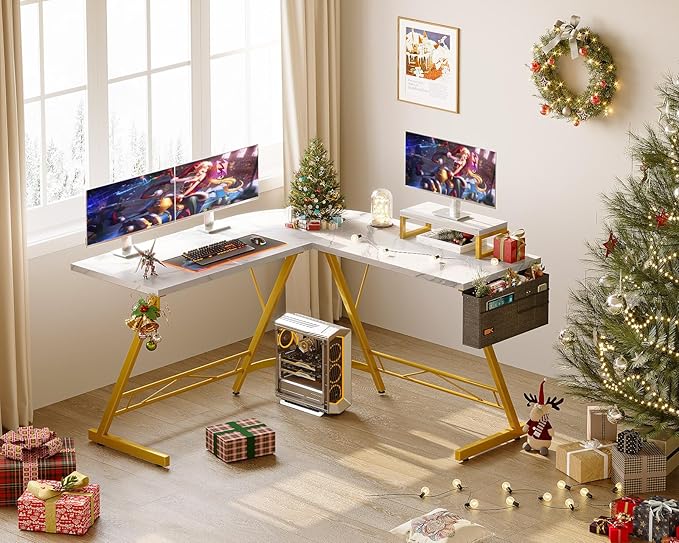 Casaottima L Shaped Gaming Desk, Home Office Desk with Round Corner, Computer Desk with Large Monitor Stand Desk Workstation