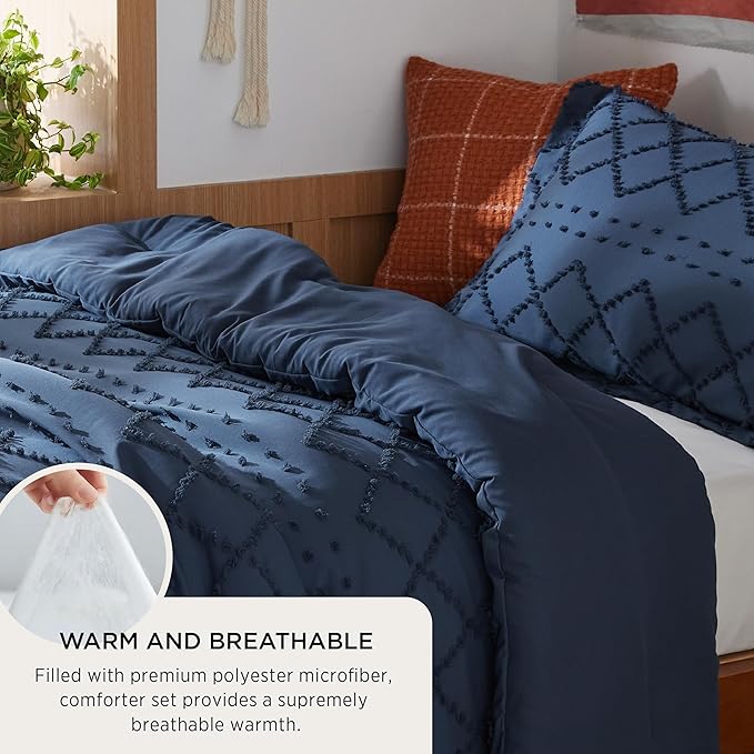Bedsure Twin/Twin XL Comforter Set - Navy Boho Twin Extra Long Comforter Set for College, Shabby Chic Dorm Bedding Set, 2 Pieces Modern Farmhouse Bed Set, includes 1 Pillow Sham
