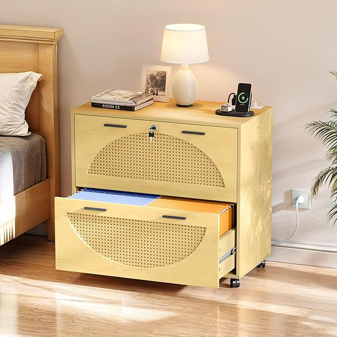 YITAHOME 2 Drawer File Cabinet with Charging Station, Rattan Filing Cabinet with Lock, Wood File Cabinet with Wheels, Home Office Furniture Fits A4, Letter, Legal Size Files