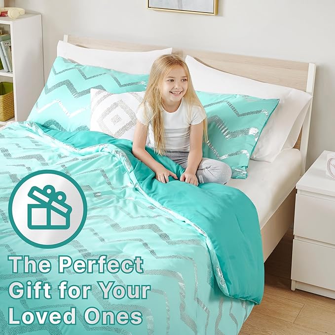 Codi Metallic Teal and Silver Comforter Set, Twin/Twin-XL Size, Cute Aqua Turquoise Bedding Sets, 3 Piece (1 Matching Sham + 1 Decorative Pillow)