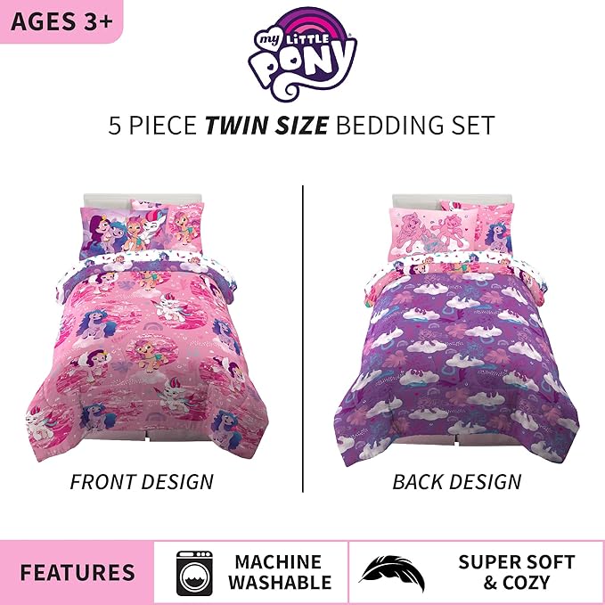 Franco Kids Bedding Super Soft Comforter and Sheet Set with Sham, 5 Piece Twin Size, My Little Pony