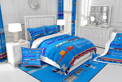 Erosebridal Train King Comforter Set for Boys,Cartoon Car Bedding Set for Kids Boys Girls Toddler,Vintage Car Down Comforter,Retro Steam Railway Rail Traffic Light Duvet Set Bedroom Decor,Blue 3Pcs