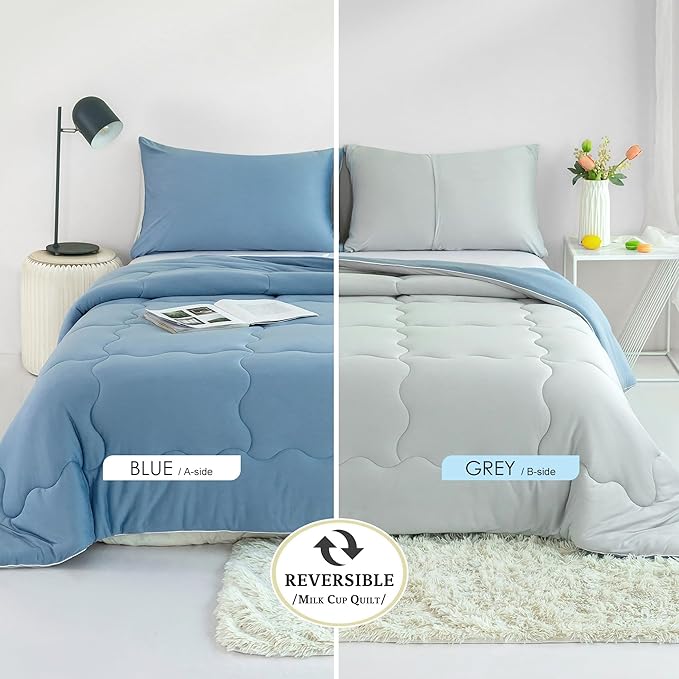 COTTEBED Reversible Light Blue and Grey Bed Comforter Twin Set, Jersey Knit T-Shirt Feel Ultra-Soft Lightweight Bedding Blanket Quilt & Pillowcase for Kid Boy Girl College Dorm All Season(Twin/TwinXL)
