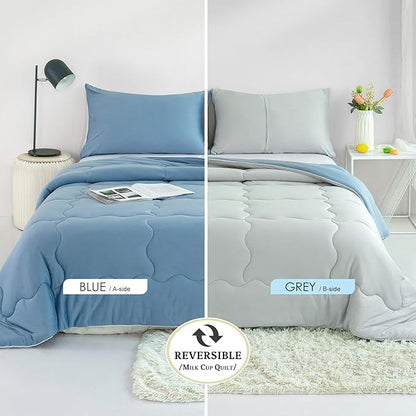 COTTEBED Reversible Blue and Light Gray Bed Comforter Queen Sets, Jersey Knit T-Shirt Feel Ultra-Soft Lightweight Breathable Cozy Bedding Down Quilt Blanket & 2 Pillowsham All Season Use (Full/Queen)