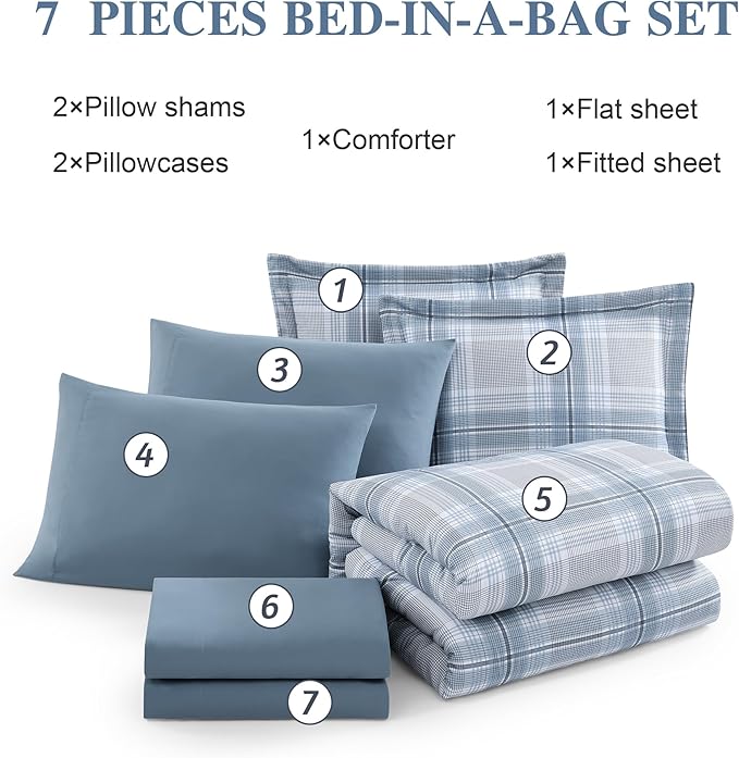 Light Blue Bedding Sets Full, Plaid Full Size Comforter Sets for Boys & Girls,Classic Homestead-style Comforter Full Size with Full Size Bed Sheets and Comforter Set