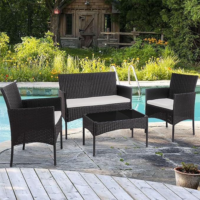 Shintenchi 4 Piece Outdoor Patio Furniture Sets, Small Wicker Patio Conversation Furniture Rattan Chair Set with Tempered Glass Coffee Table for Backyard Porch Garden Poolside Balcony