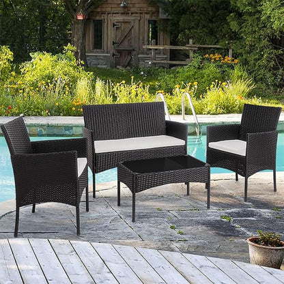 Shintenchi 4 Piece Outdoor Patio Furniture Sets, Small Wicker Patio Conversation Furniture Rattan Chair Set with Tempered Glass Coffee Table for Backyard Porch Garden Poolside Balcony
