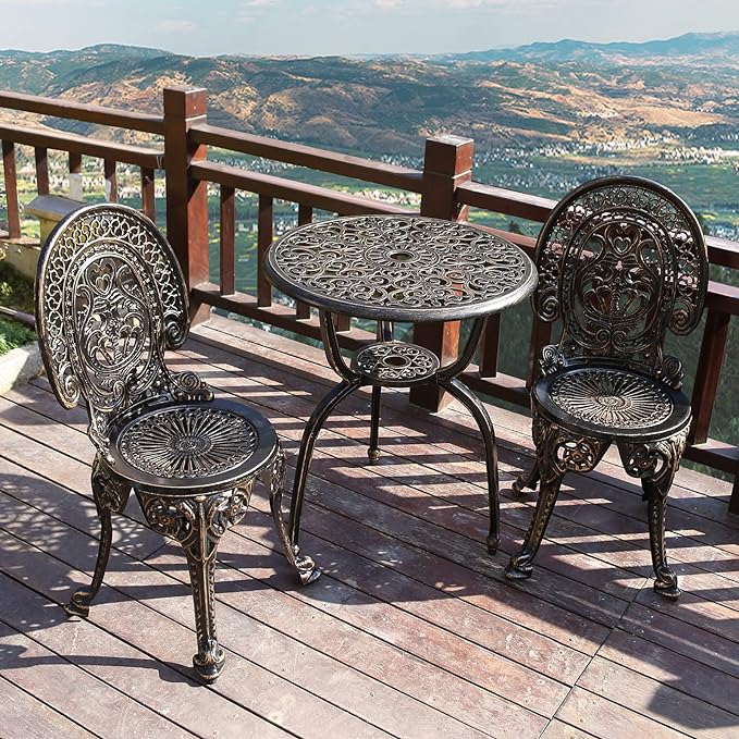Patio Bistro Set.Rust-Resistant Cast Aluminum Bistro Table Set with Umbrella Hole for Backyard (Crown Copper)