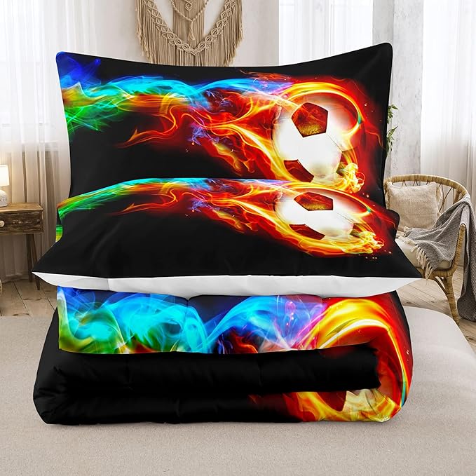 Bodhi Soccer Comforter Set Queen Size,Fire Sports Comforter Set for Boys,Football Bedding Queen,Teen Boy Bedding Set with Matching Pillowcases,Kids Comforter Set Queen