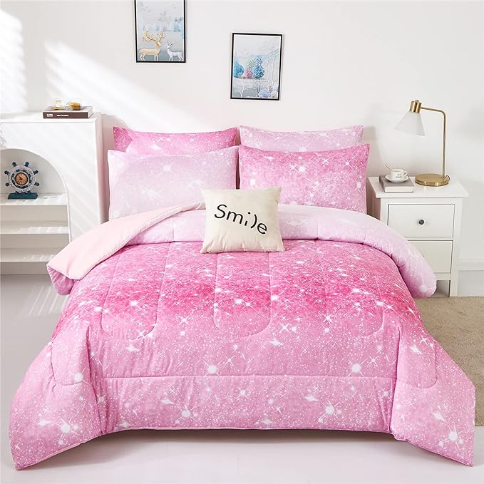 Pink Glitter Comforter Twin Size for Girls, Sparkle Galaxy Twinkle Starlight Comforter for Kids Teen,2 Piece Pink Ombre Pastel Bedding Set with 1 Pillow Case(Pink)