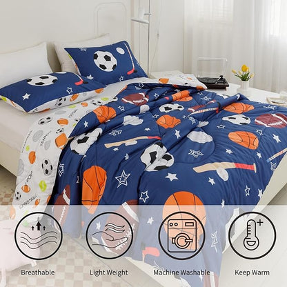 RYNGHIPY Kids Sports Theme Bedding Set, Basketball Football Baseball Tennis Print Comforter Set for Teens Boys Girls, Super Soft Lightweight (Balls,Twin)