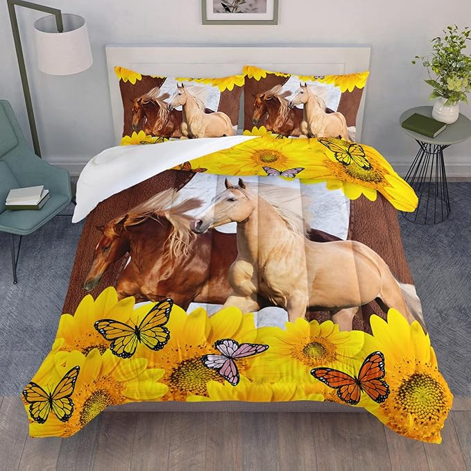 Kid Galloping Horse Comforter Sunflower Butterfly Cowhide Horse Bedding Set for Boys Girls Adult, 1 Comforter + 2 Pillowcases
