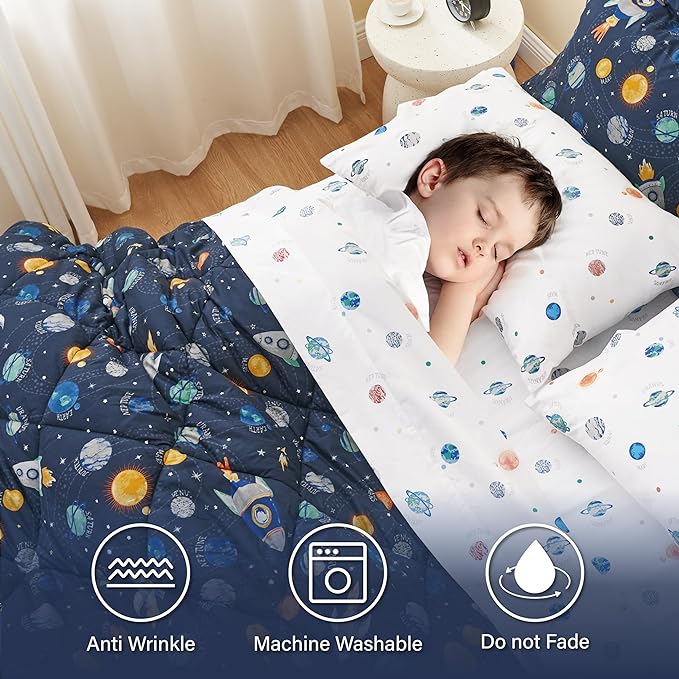 Twin Size Space Kids Bedding Set for Girls, 7 Pieces Super Soft Lightweight Microfiber Comforter Set with Sheets, Bed in a Bag, Durable Children Bed Set