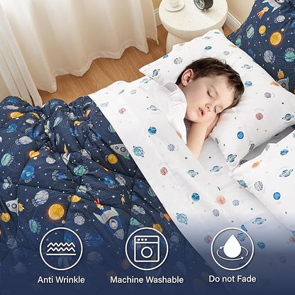 Twin Size Space Kids Bedding Set for Girls, 7 Pieces Super Soft Lightweight Microfiber Comforter Set with Sheets, Bed in a Bag, Durable Children Bed Set