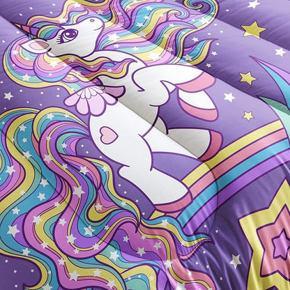 Unicorn Comforter King Size,Rainbow Unicorn Comforter Set for Kids Teens Girls,3Pcs Bedding Set Printed Comforter with 2 Pillowcases,Down Alternative,Soft and Lightweight(Purple，King Size)