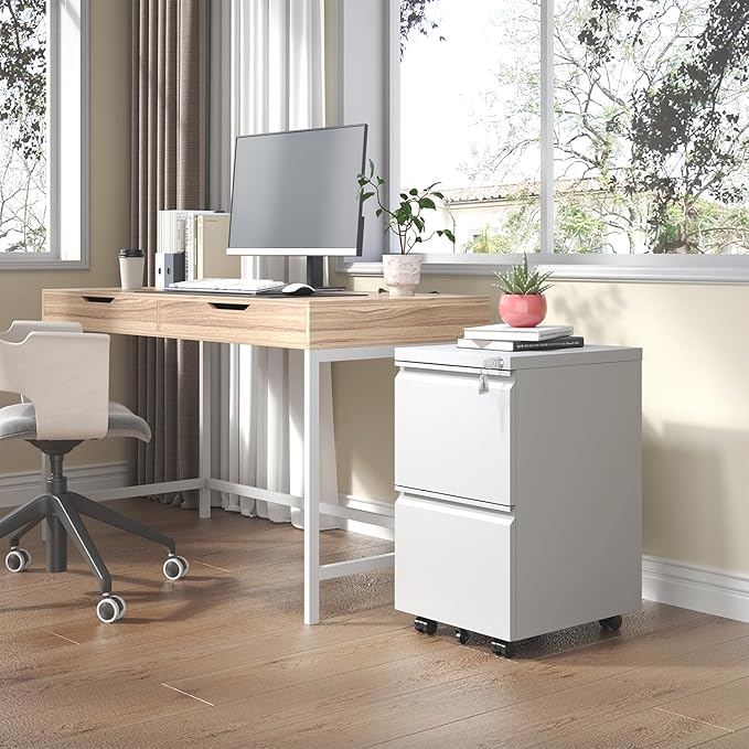 2 Drawer Mobile File Cabinet with Lock,Under Desk Metal Filing Cabinet for Home Office, Metal Small Rolling File Cabinet with 2 Keys for Legal/Letter/A4 Size Fully Assembled Except Wheels (White)