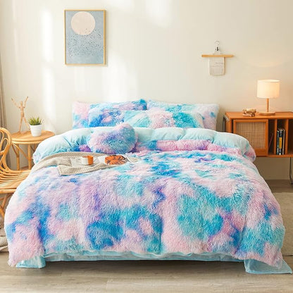 Tie dye Blue Plush Fluffy Comforter Cover Set Queen - Ultra Soft Faux Fur tie dye Bedding Sets 3 Pieces (1 Shaggy Duvet Cover + 2 Pillow case) Fluffy Bed Set (Tie Dye Blue, Queen)