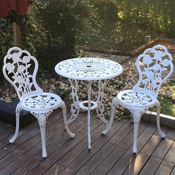 Patio Bistro Set.Rust-Resistant Cast Aluminum Bistro Table Set with Umbrella Hole for Backyard (Rose White)