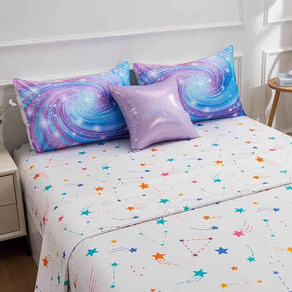Btargot Super Soft 6 Pieces Gradient Star Ring Comforter Set, Colorful Glitter Rainbow Star Pattern Bedding Set for Boys Girls Teens, Queen Purple