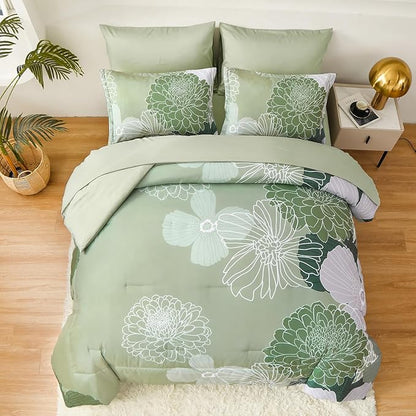 Yiran Bed in a Bag Green Comforter 7 Pieces Floral Bedding Set Soft Microfiber King Comforter Sets with 1 Comforter 1 Flat Sheet 1 Fitted Sheet 2 Pillowshams and 2 Pillowcases