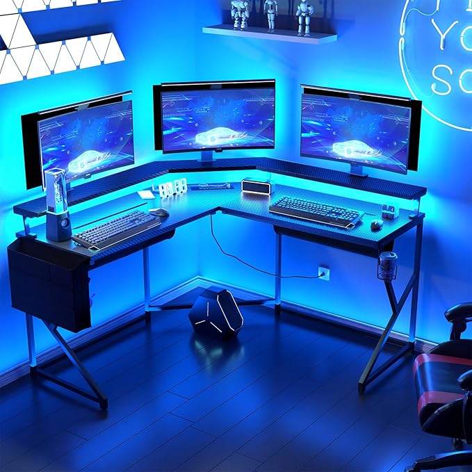 Wonder Comfort L Shaped 51 Inch Computer Desk with LED Lights，Corner Gaming Table Cup Holder Power Outlets/Monitor Stand for Home Office, Black