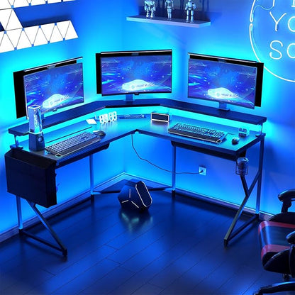 Wonder Comfort L Shaped 51 Inch Computer Desk with LED Lights，Corner Gaming Table Cup Holder Power Outlets/Monitor Stand for Home Office, Black